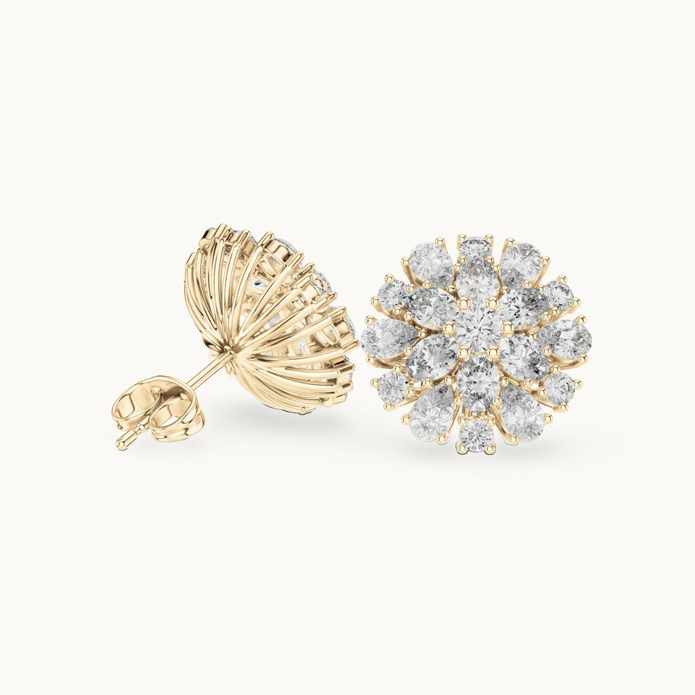 Pear, oval and round lab-grown diamond sunburst cluster stud earrings in yellow gold, 2.65 CT TW, view 1