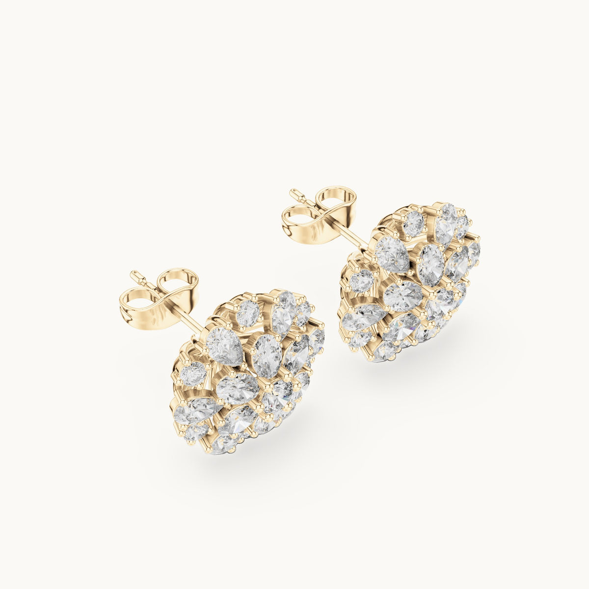 Pear, oval and round lab-grown diamond sunburst cluster stud earrings in yellow gold, 2.65 CT TW, view 2