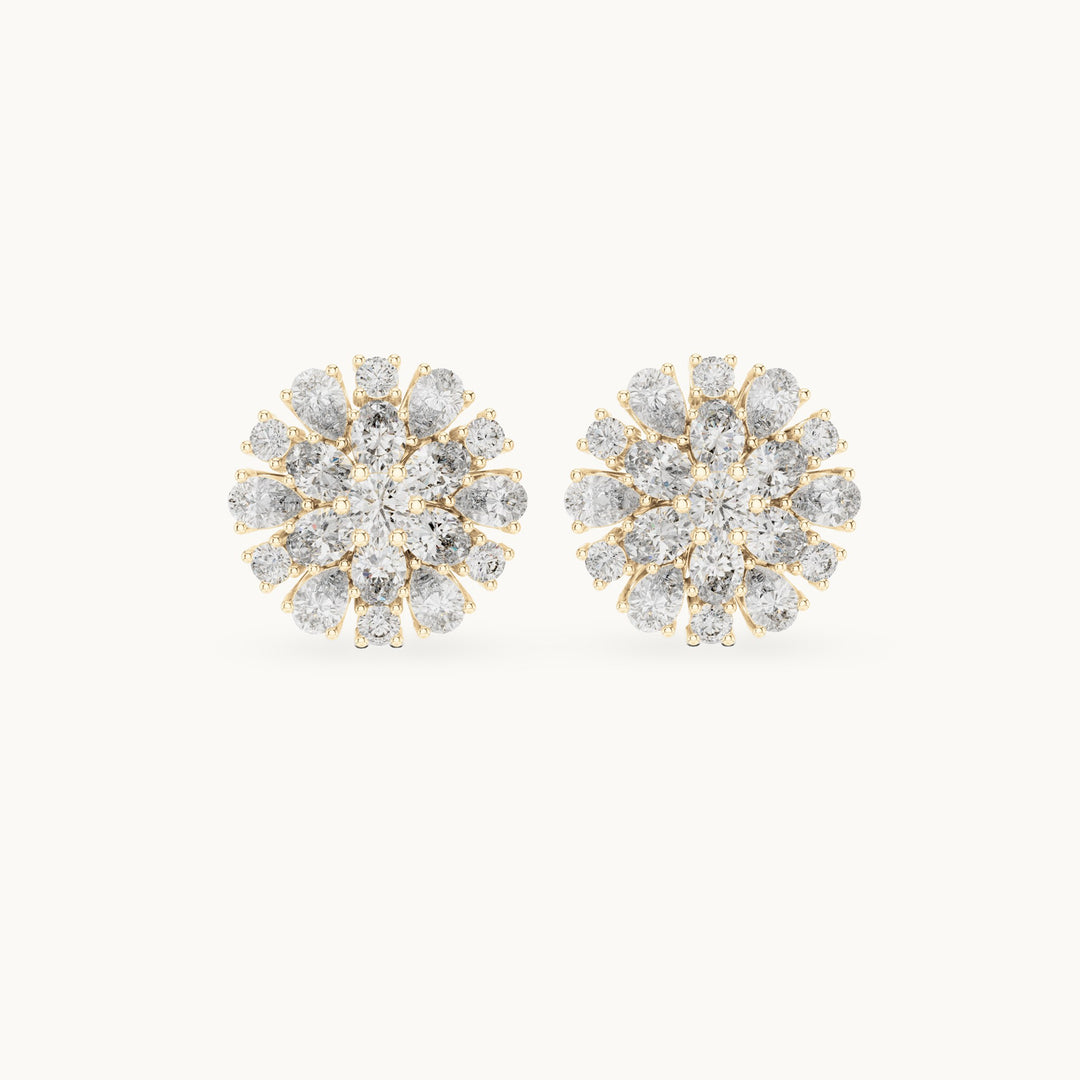Pear, oval and round lab-grown diamond sunburst cluster stud earrings in yellow gold, 2.65 CT TW, view 4