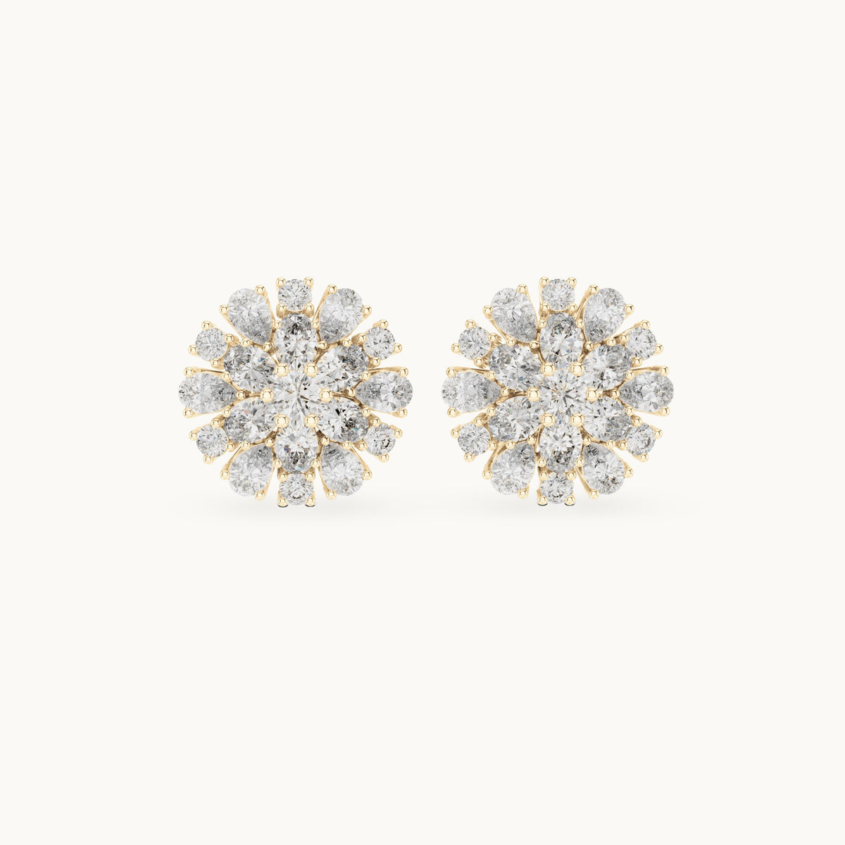 Pear, oval and round lab-grown diamond sunburst cluster stud earrings in yellow gold, 2.65 CT TW, view 4