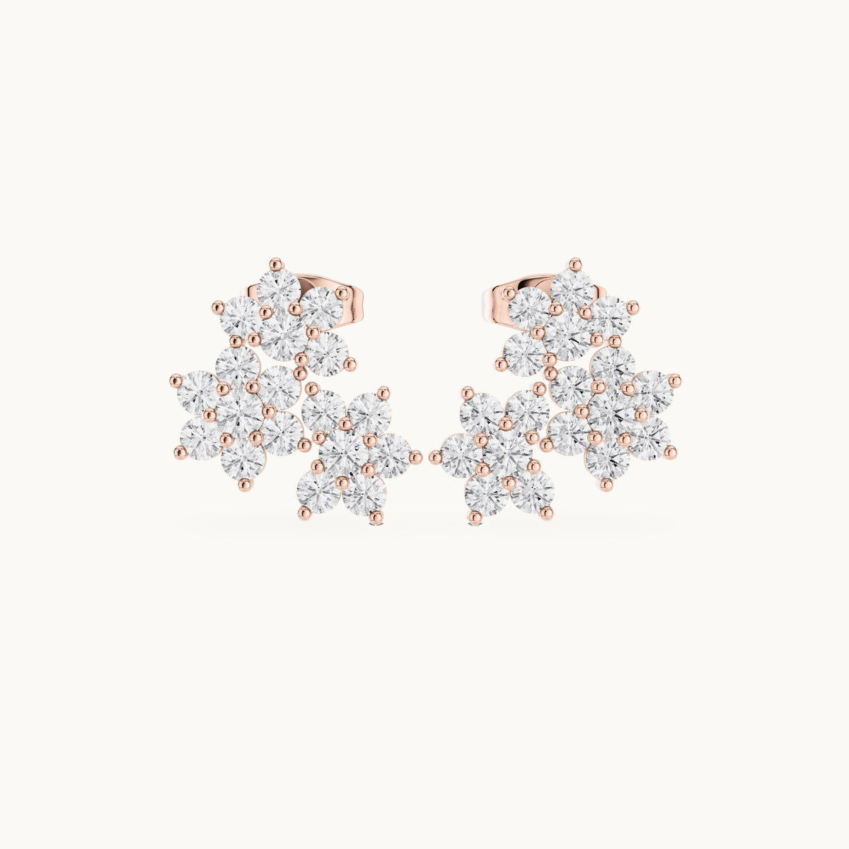 Round lab-grown diamond triple flower cluster stud earrings in rose gold, 1.74 CT TW, view 1