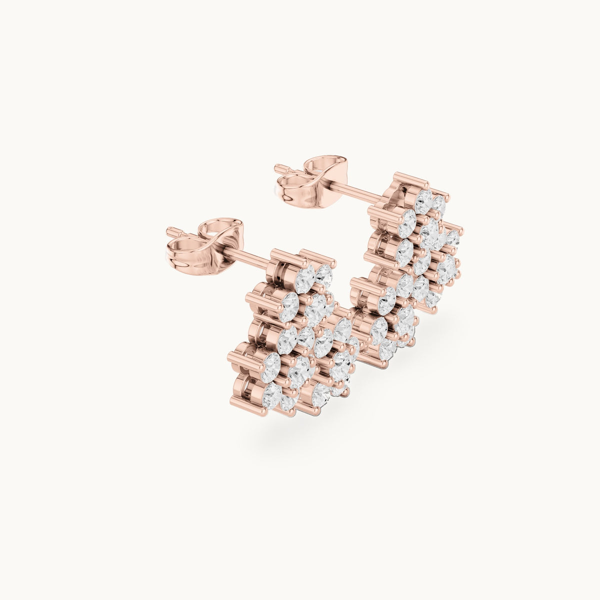 Round lab-grown diamond triple flower cluster stud earrings in rose gold, 1.74 CT TW, view 2