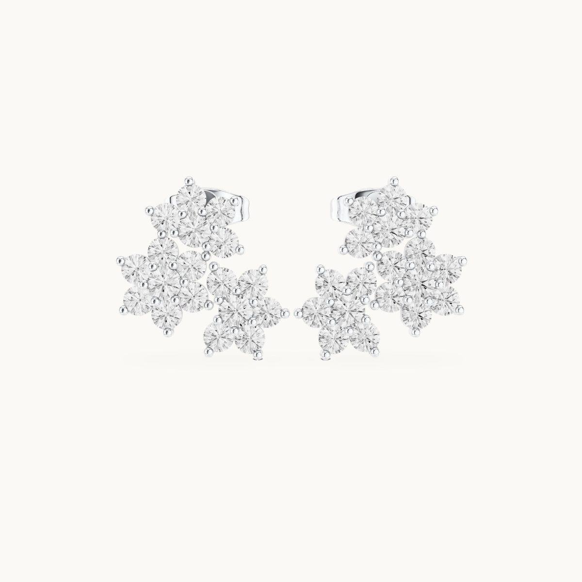 Round lab-grown diamond triple flower cluster stud earrings in white gold, 1.74 CT TW, view 1