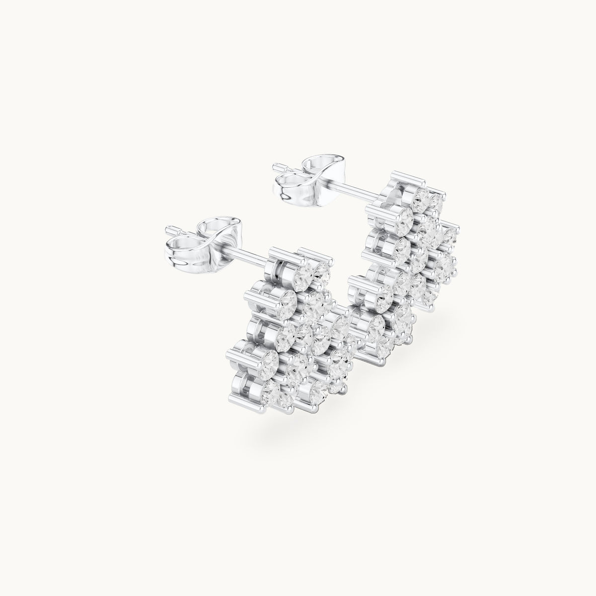 Round lab-grown diamond triple flower cluster stud earrings in white gold, 1.74 CT TW, view 2