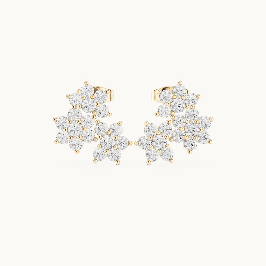 Round lab-grown diamond triple flower cluster stud earrings in yellow gold, 1.74 CT TW, view 1