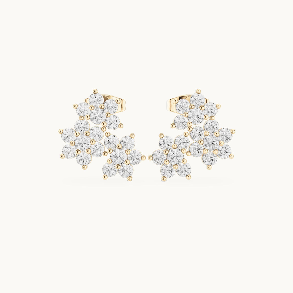 Round lab-grown diamond triple flower cluster stud earrings in yellow gold, 1.74 CT TW, view 1
