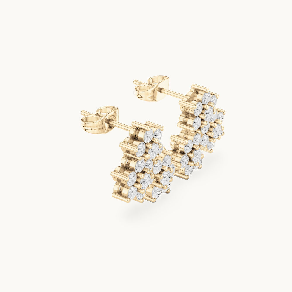 Round lab-grown diamond triple flower cluster stud earrings in yellow gold, 1.74 CT TW, view 2