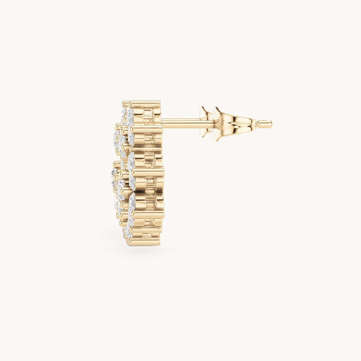 Round lab-grown diamond triple flower cluster stud earrings in yellow gold, 1.74 CT TW, view 4