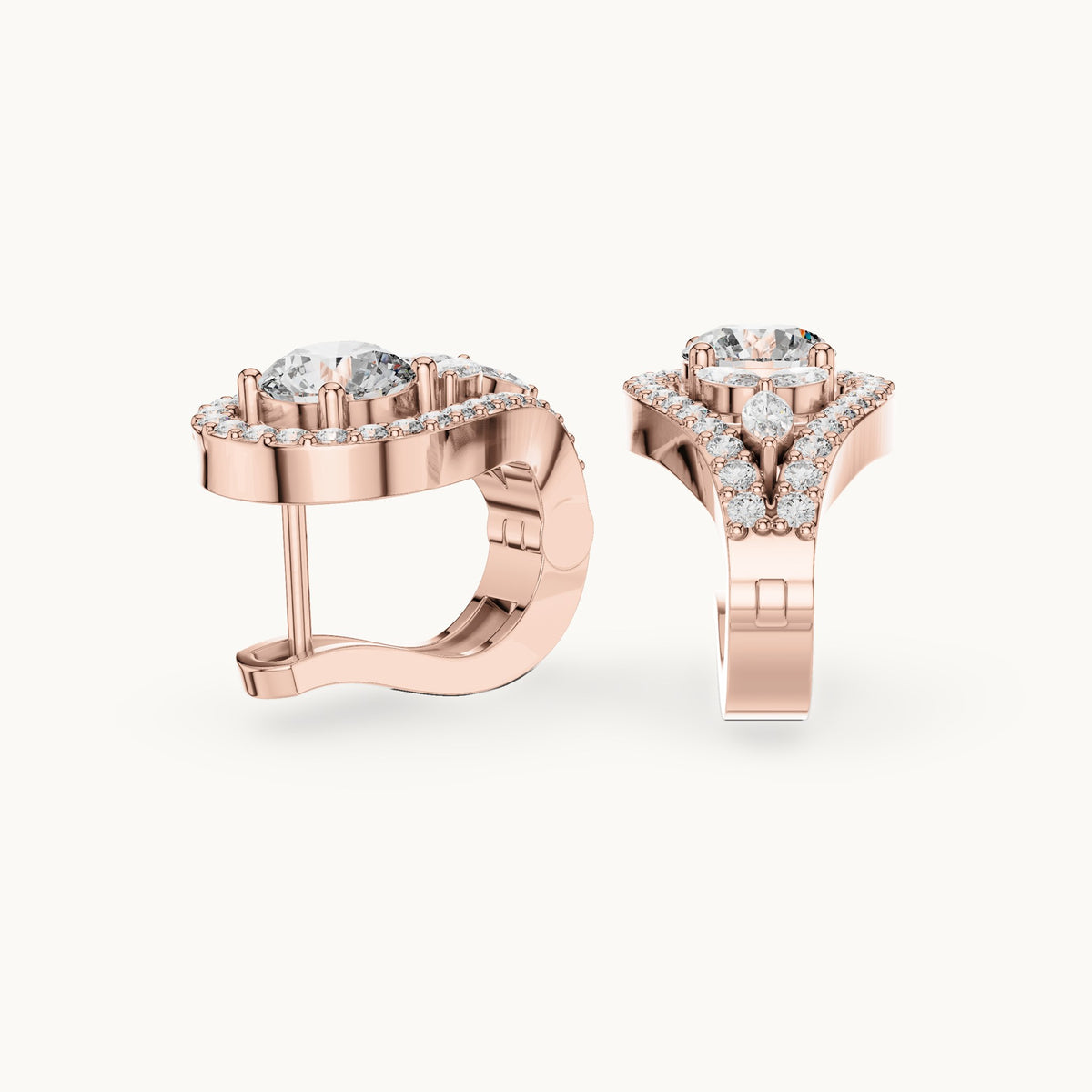 Round and marquise lab-grown diamond teardrop halo earrings in rose gold, 1.47 CT TW, view 1