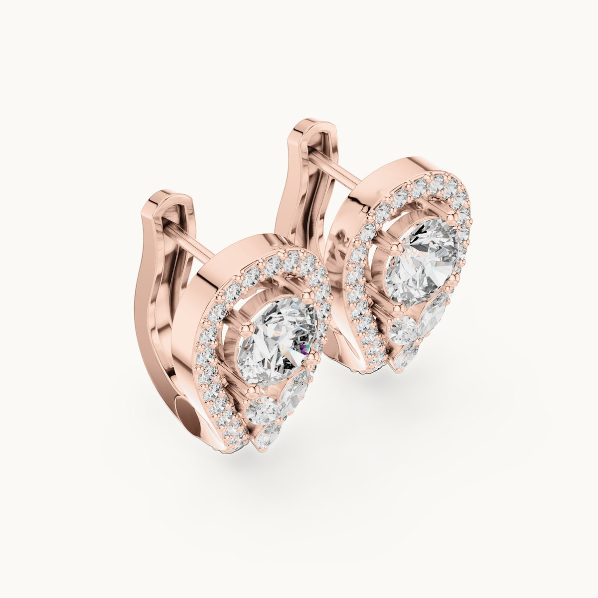 Round and marquise lab-grown diamond teardrop halo earrings in rose gold, 1.47 CT TW, view 2