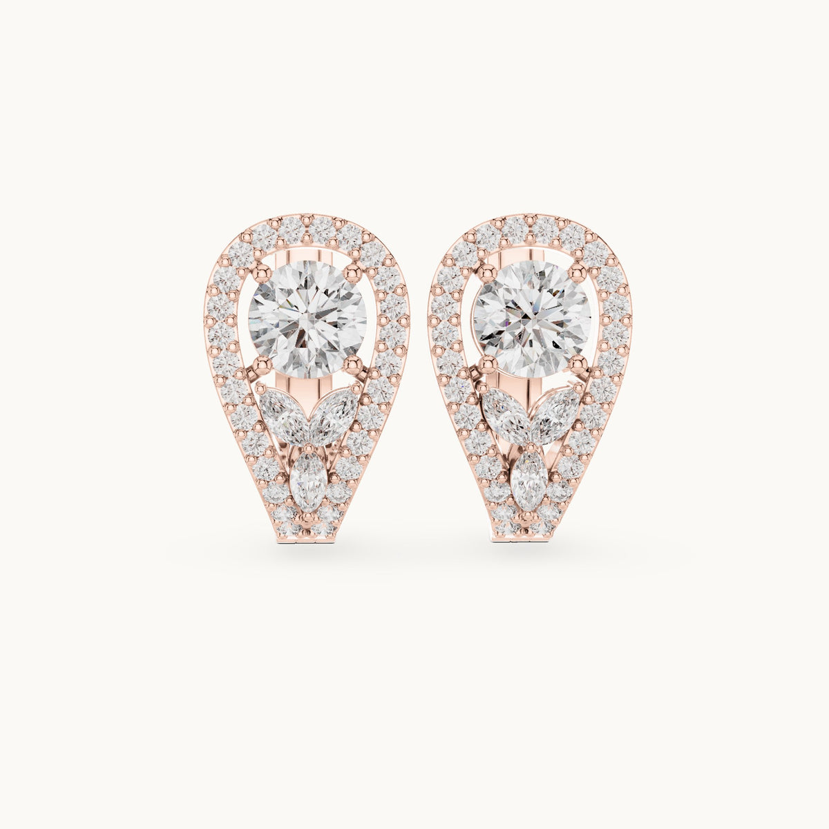 Round and marquise lab-grown diamond teardrop halo earrings in rose gold, 1.47 CT TW, view 4