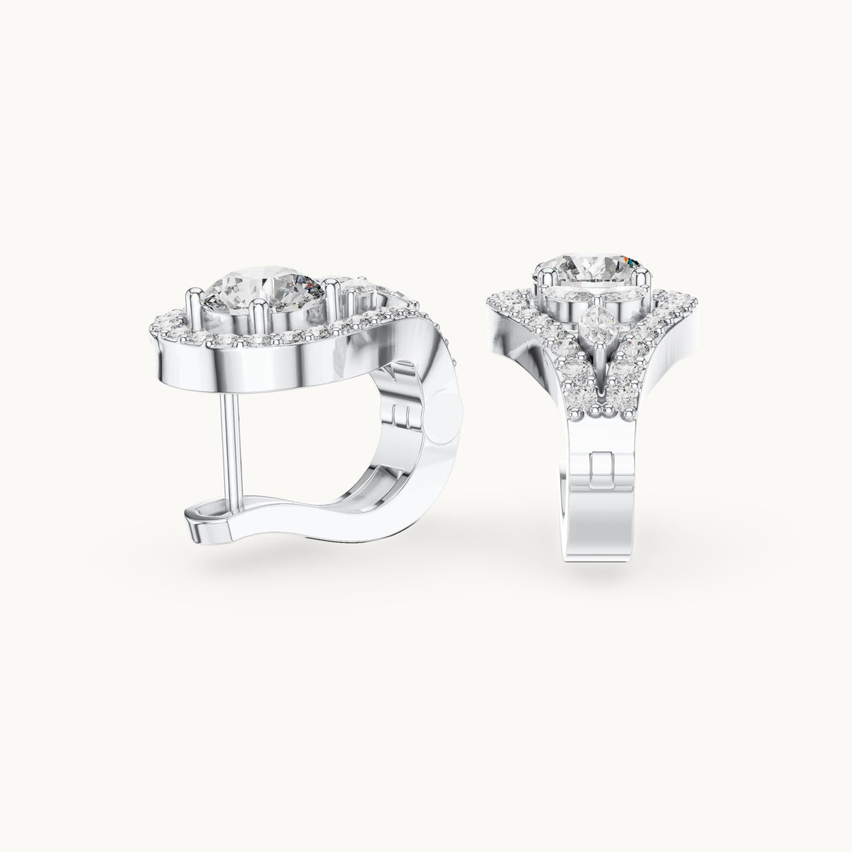 Round and marquise lab-grown diamond teardrop halo earrings in white gold, 1.47 CT TW, view 1