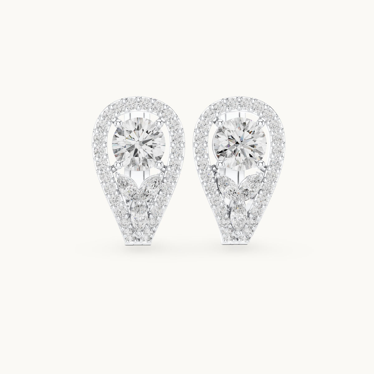 Round and marquise lab-grown diamond teardrop halo earrings in white gold, 1.47 CT TW, view 4
