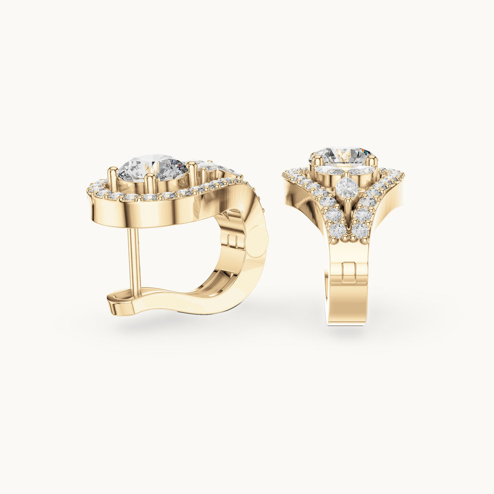 Round and marquise lab-grown diamond teardrop halo earrings in yellow gold, 1.47 CT TW, view 1