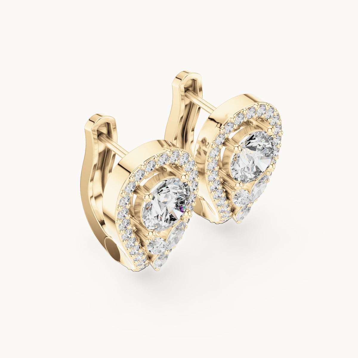 Round and marquise lab-grown diamond teardrop halo earrings in yellow gold, 1.47 CT TW, view 2
