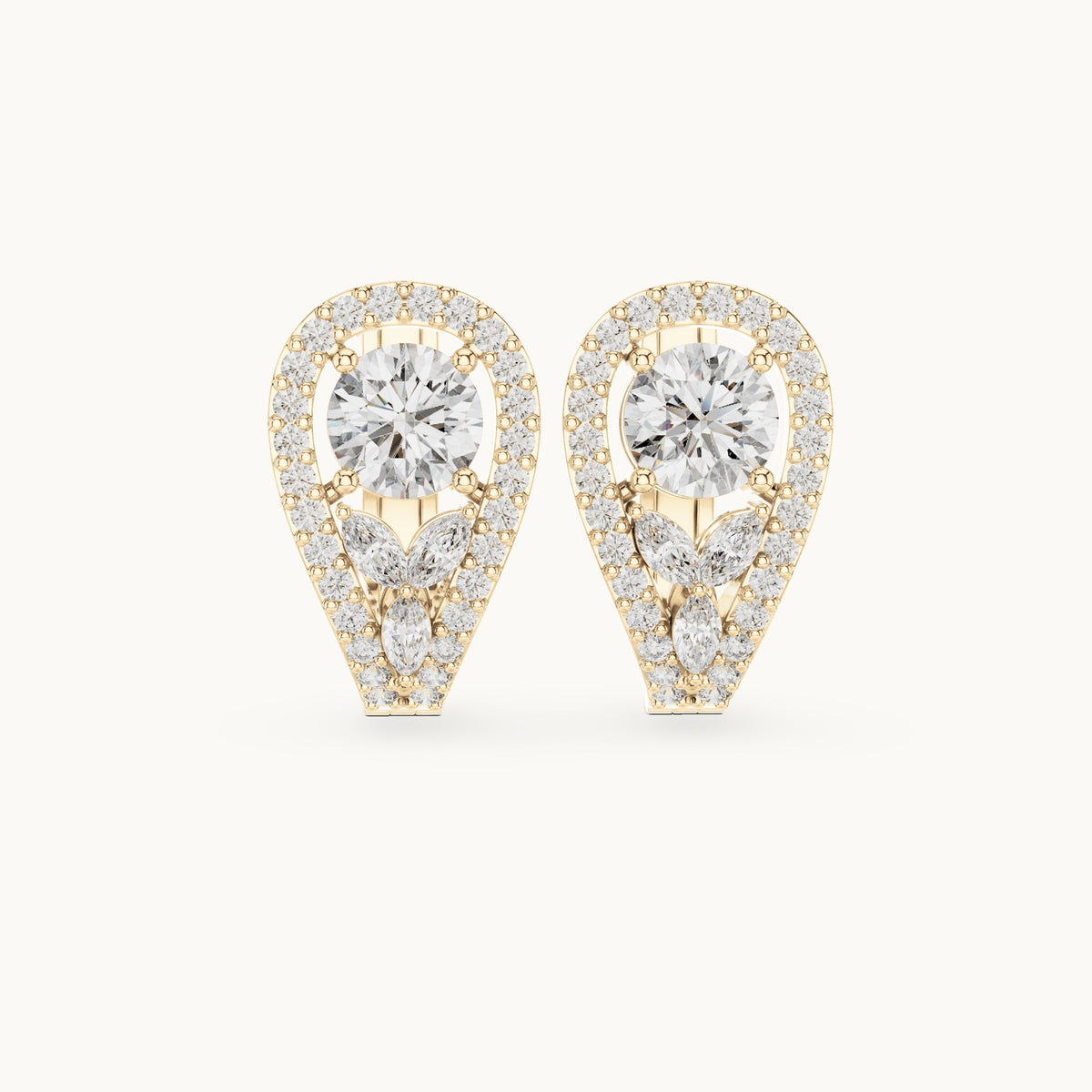 Round and marquise lab-grown diamond teardrop halo earrings in yellow gold, 1.47 CT TW, view 4