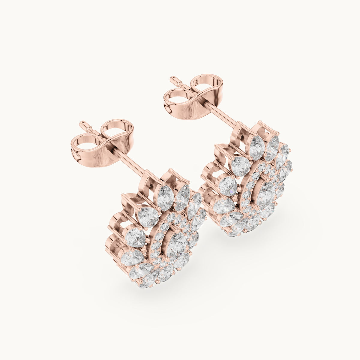 Pear and round lab-grown diamond halo cluster stud earrings in rose gold, 1.30 CT TW, view 2