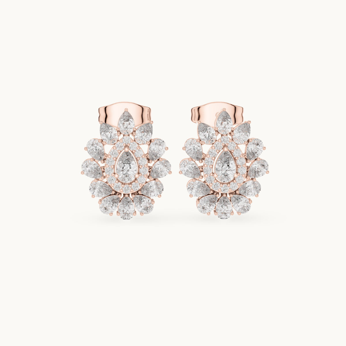 Pear and round lab-grown diamond halo cluster stud earrings in rose gold, 1.30 CT TW, view 4