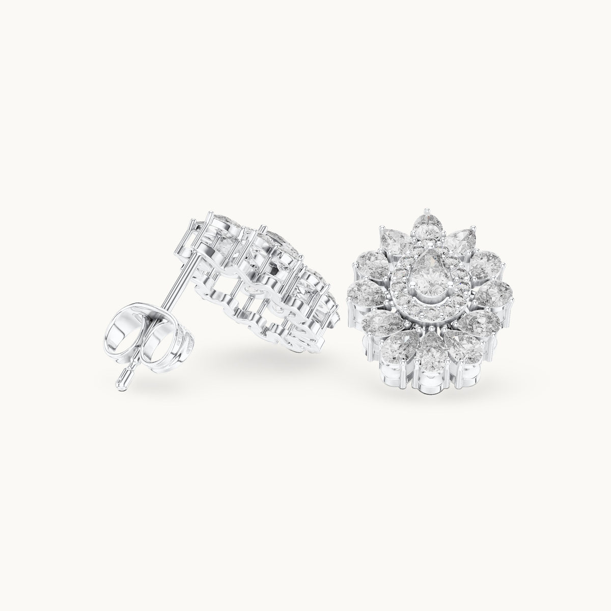 Pear and round lab-grown diamond halo cluster stud earrings in white gold, 1.30 CT TW, view 1