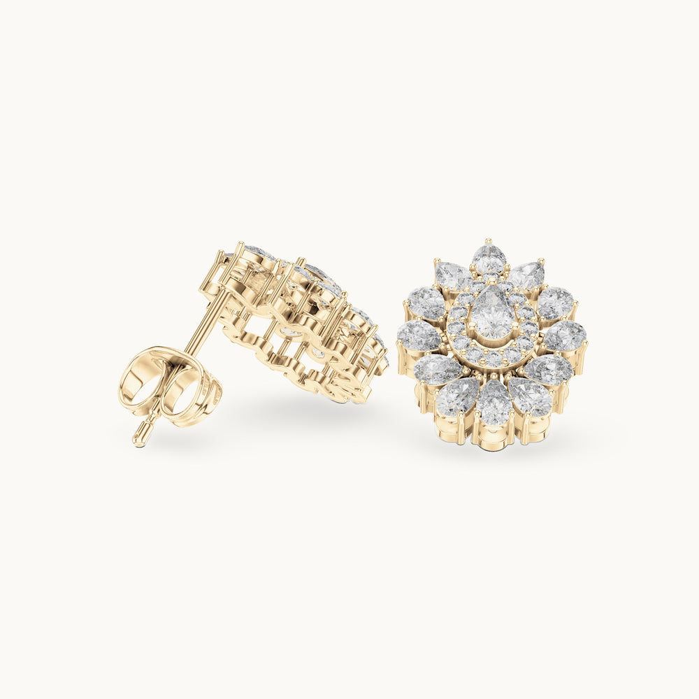 Pear and round lab-grown diamond halo cluster stud earrings in yellow gold, 1.30 CT TW, view 1