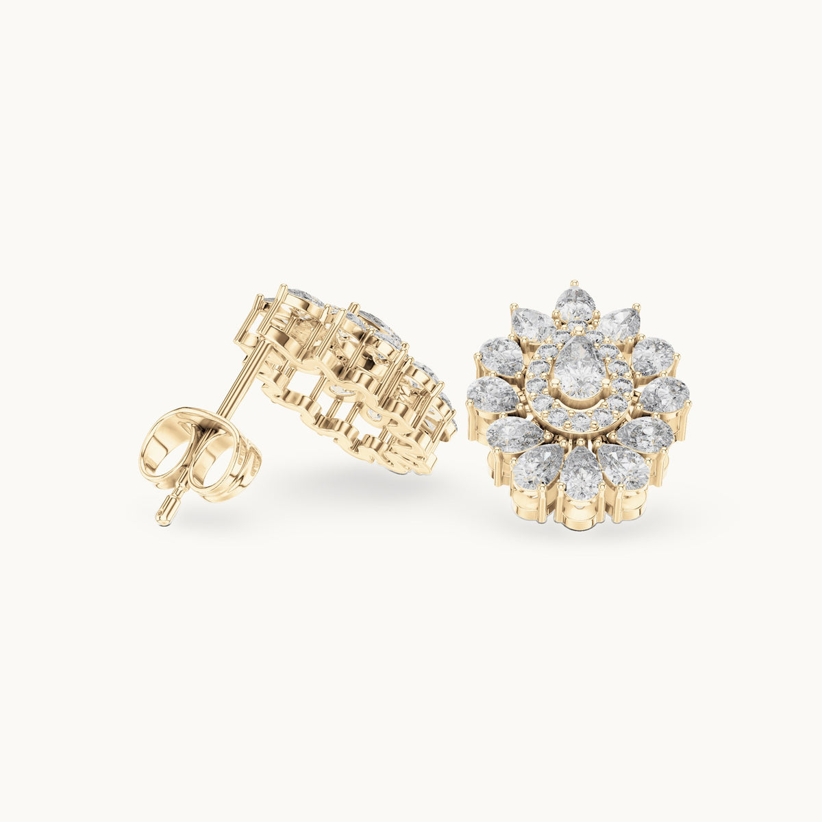 Pear and round lab-grown diamond halo cluster stud earrings in yellow gold, 1.30 CT TW, view 1
