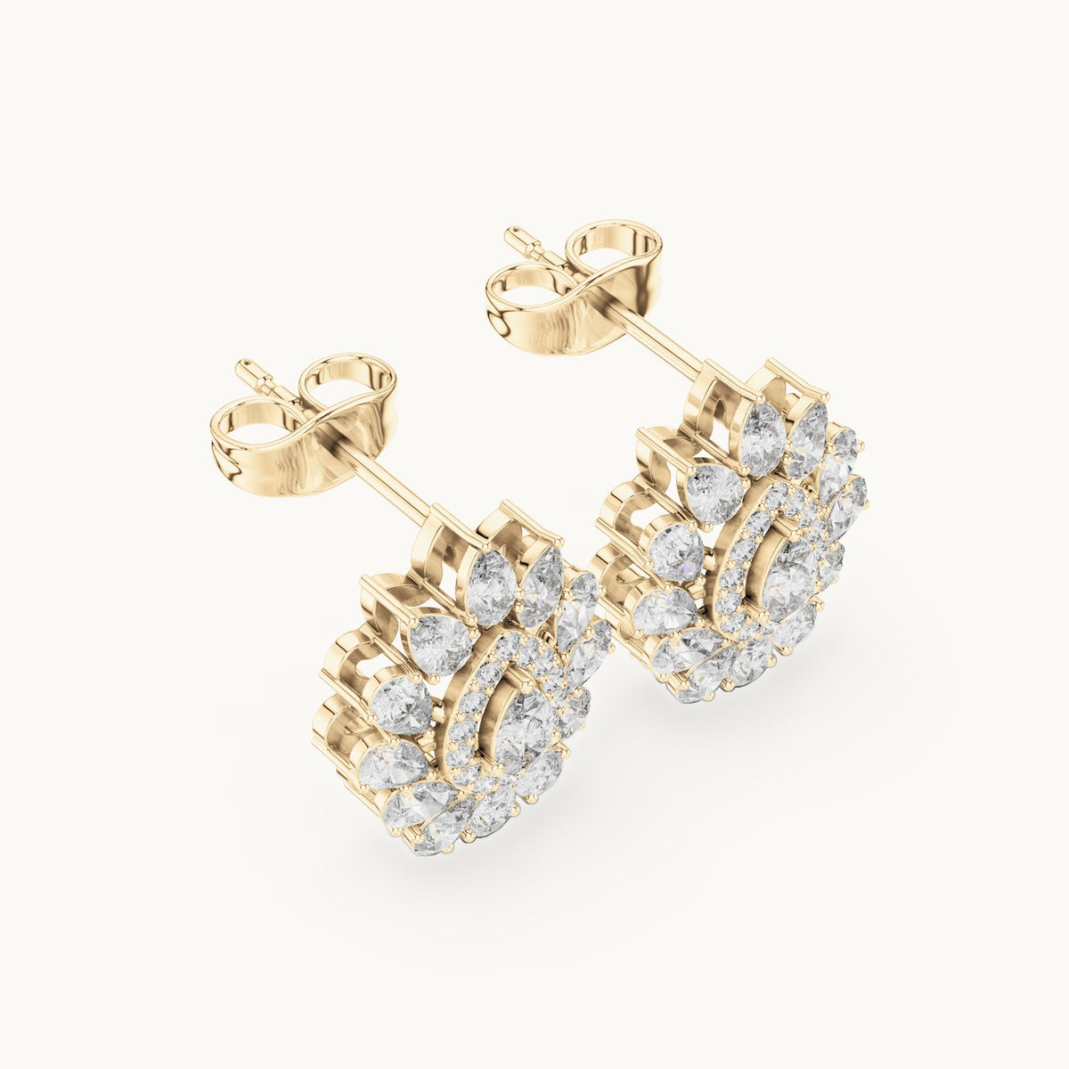 Pear and round lab-grown diamond halo cluster stud earrings in yellow gold, 1.30 CT TW, view 2