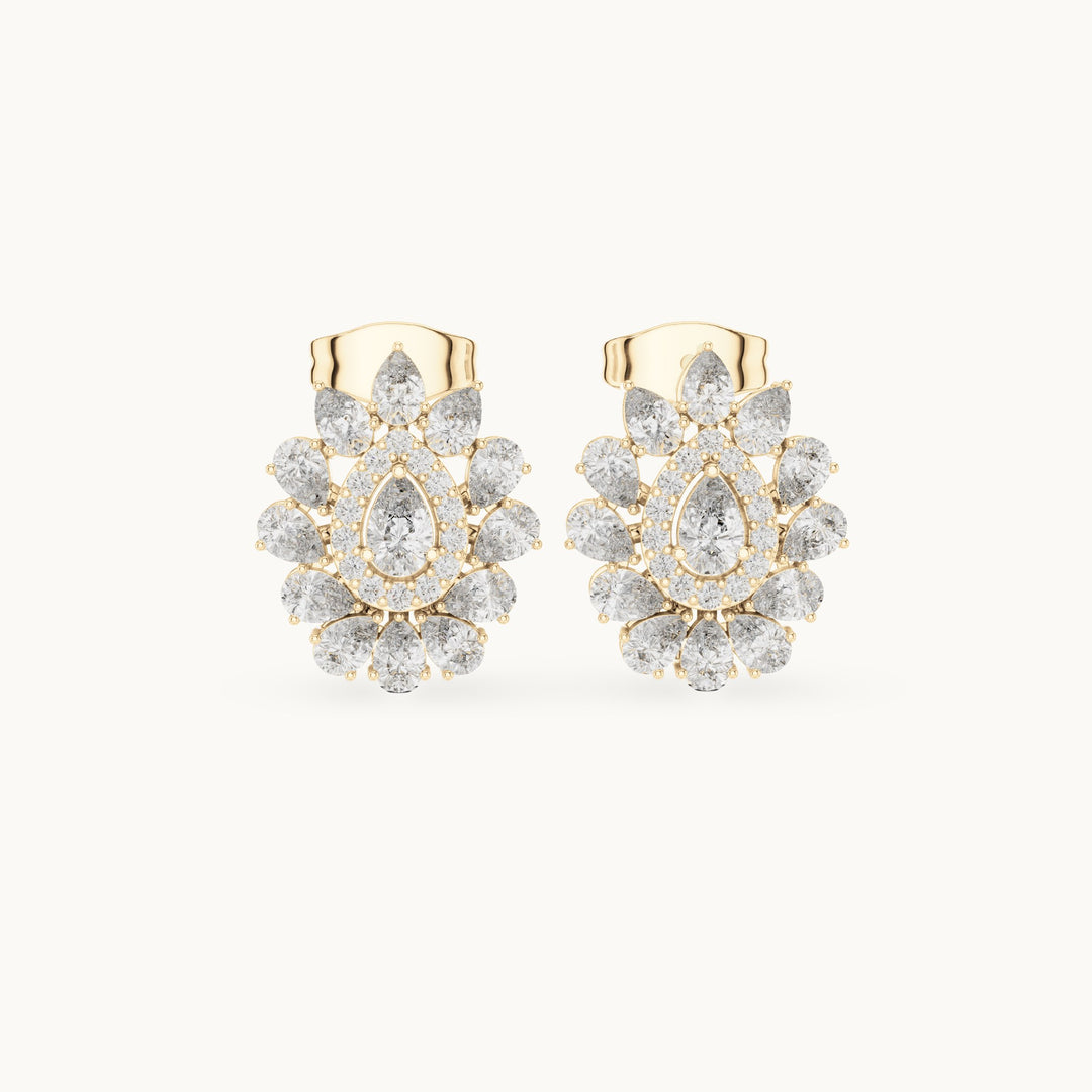 Pear and round lab-grown diamond halo cluster stud earrings in yellow gold, 1.30 CT TW, view 4