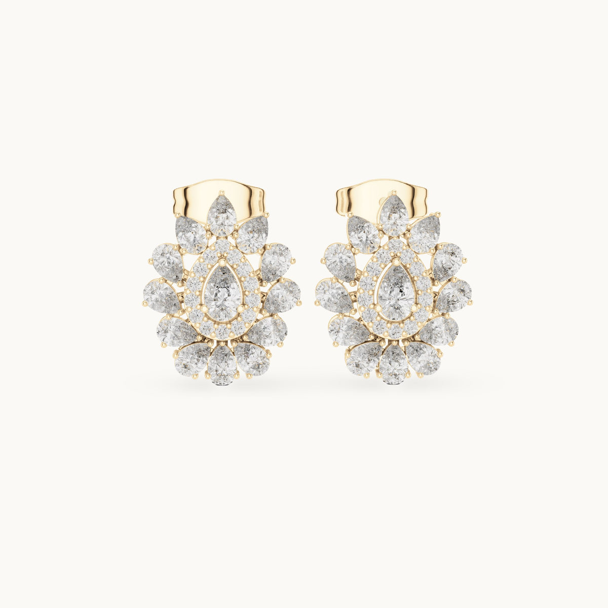 Pear and round lab-grown diamond halo cluster stud earrings in yellow gold, 1.30 CT TW, view 4