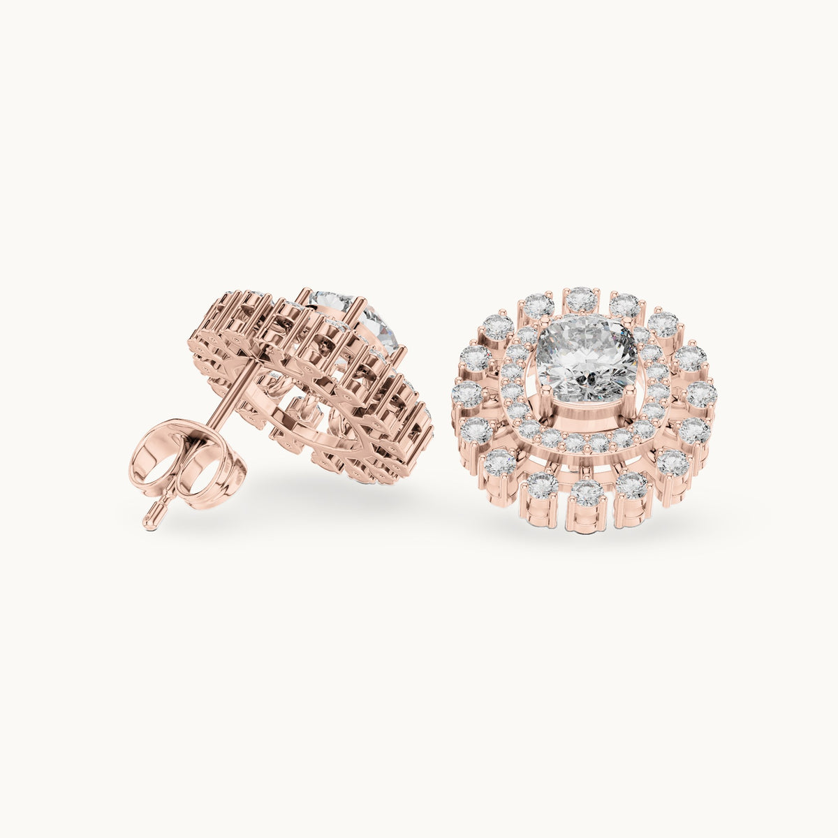 Cushion-cut and round lab-grown diamond double halo stud earrings in rose gold, 2.02 CT TW, view 1