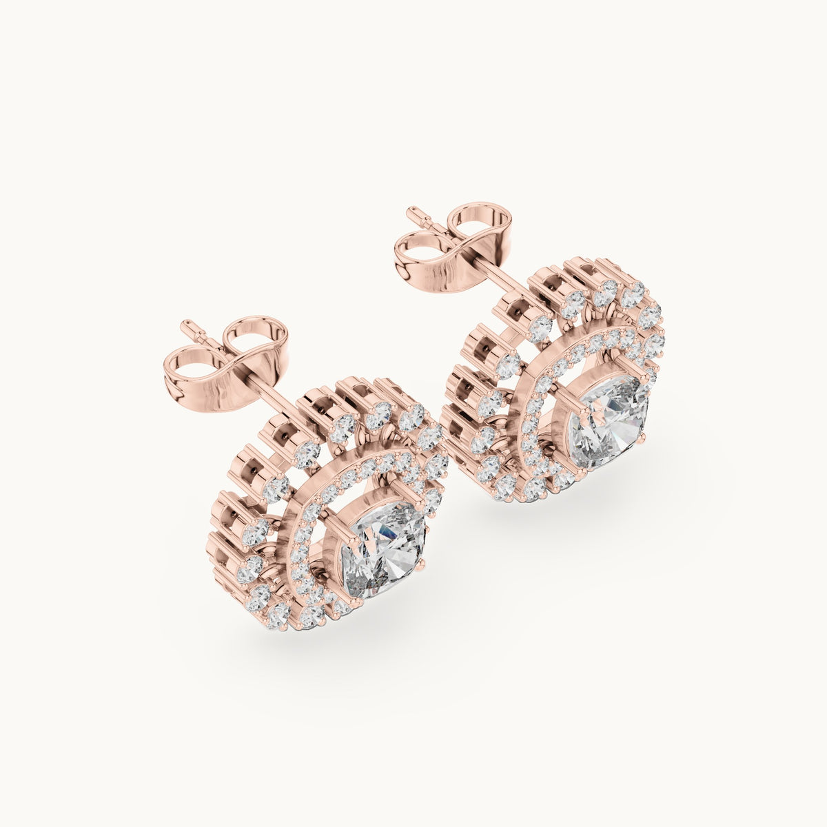 Cushion-cut and round lab-grown diamond double halo stud earrings in rose gold, 2.02 CT TW, view 2