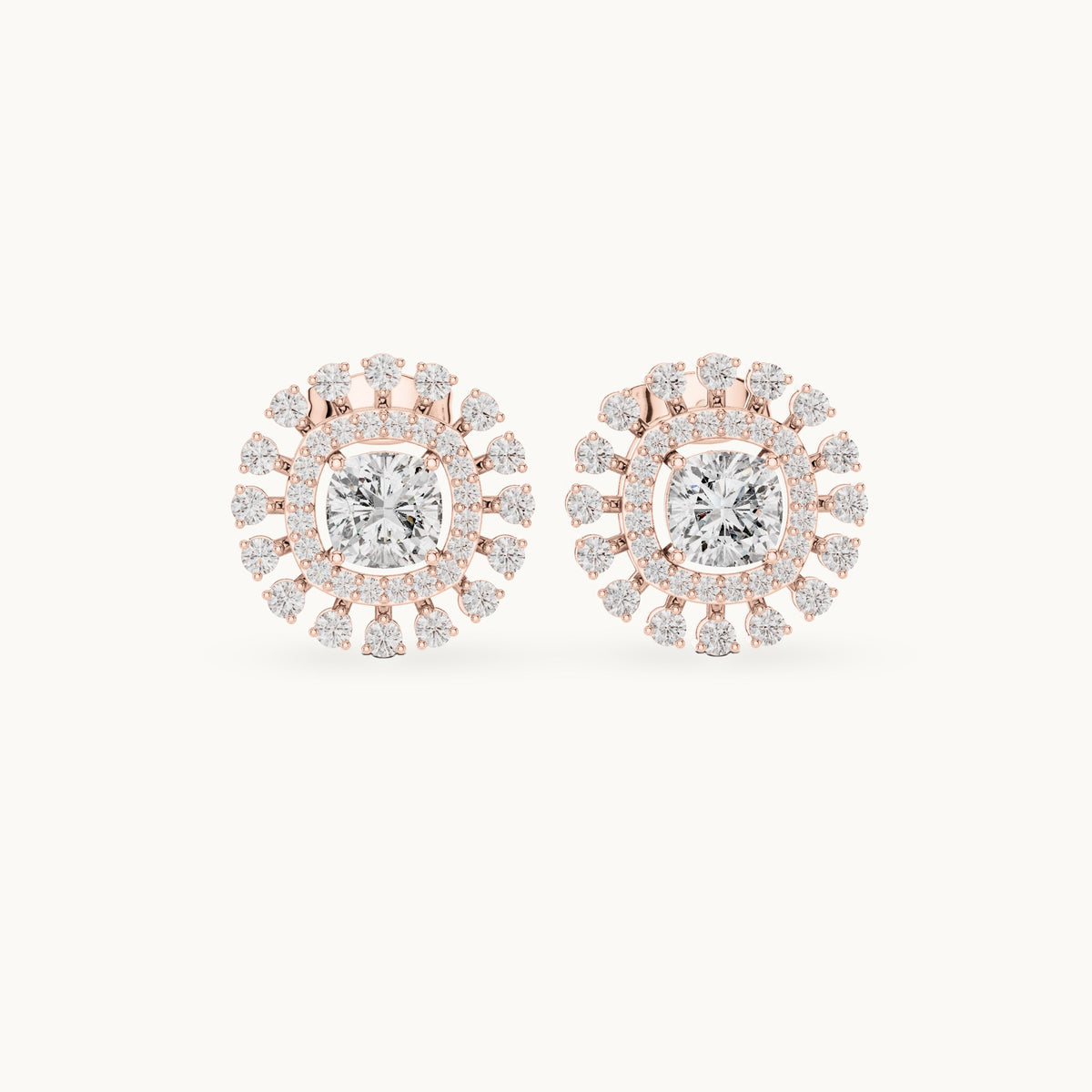 Cushion-cut and round lab-grown diamond double halo stud earrings in rose gold, 2.02 CT TW, view 4