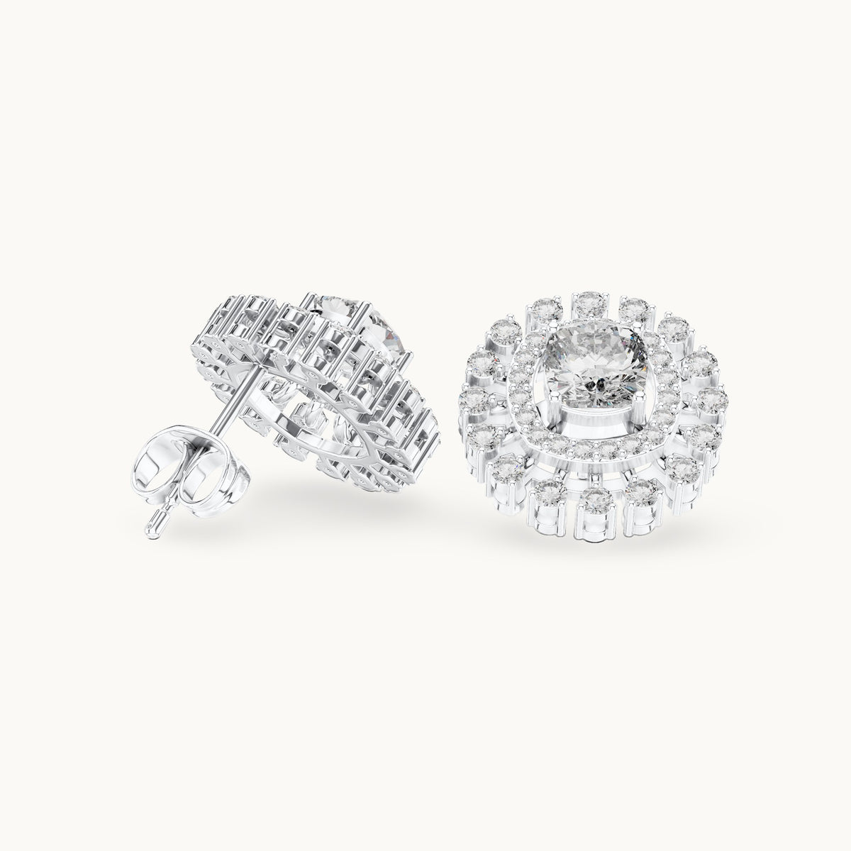 Cushion-cut and round lab-grown diamond double halo stud earrings in white gold, 2.02 CT TW, view 1
