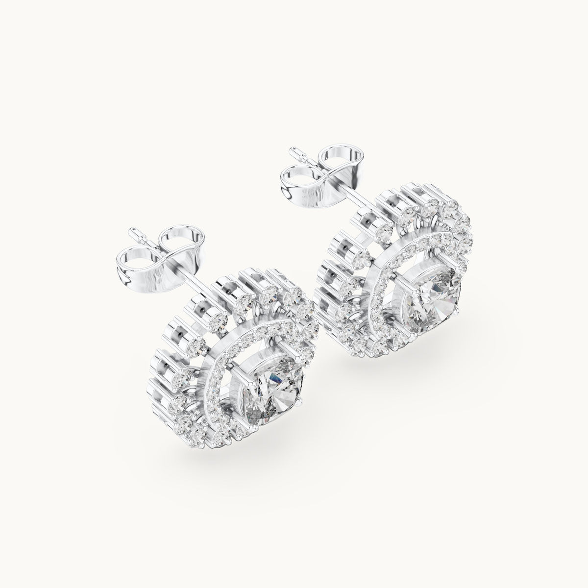 Cushion-cut and round lab-grown diamond double halo stud earrings in white gold, 2.02 CT TW, view 2