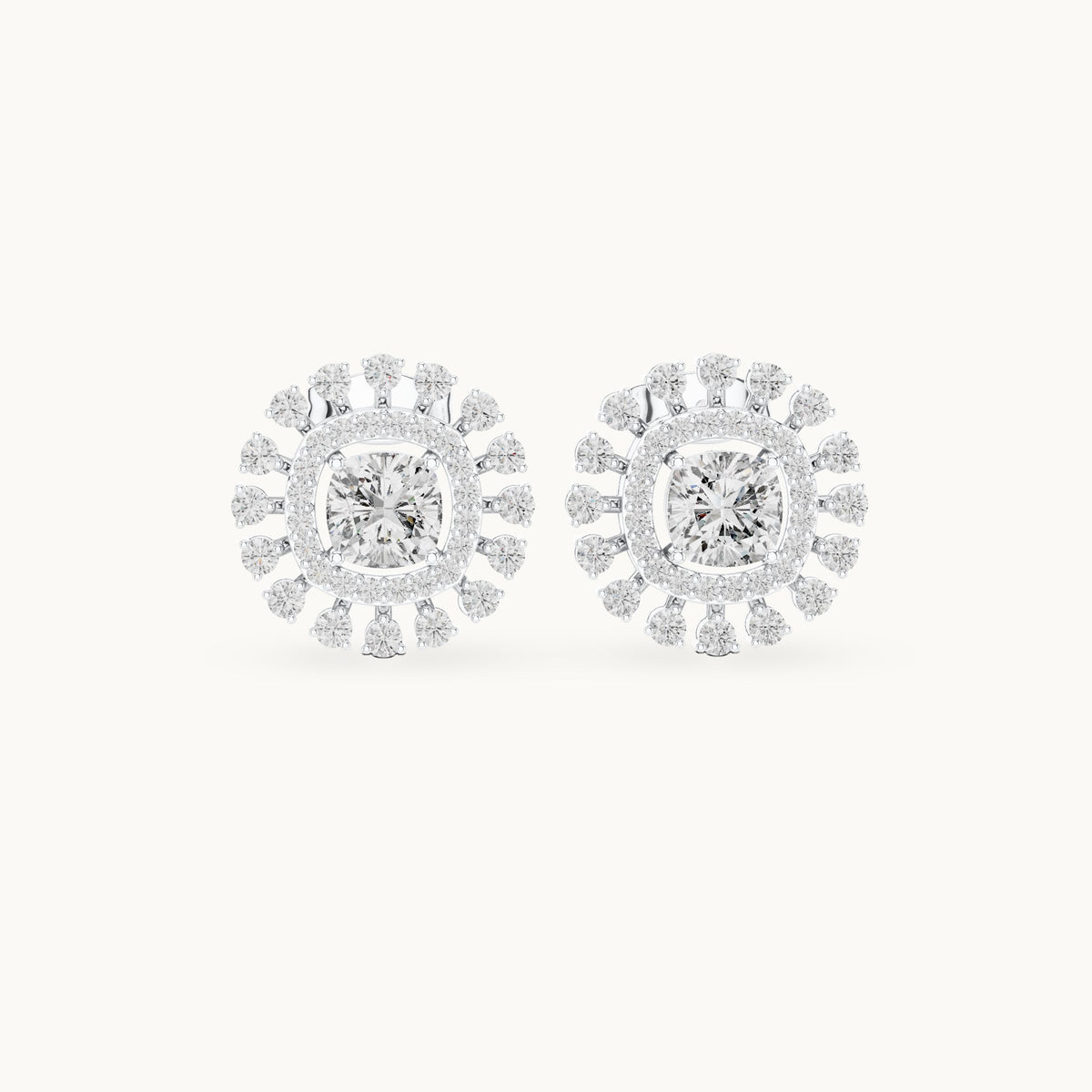 Cushion-cut and round lab-grown diamond double halo stud earrings in white gold, 2.02 CT TW, view 4