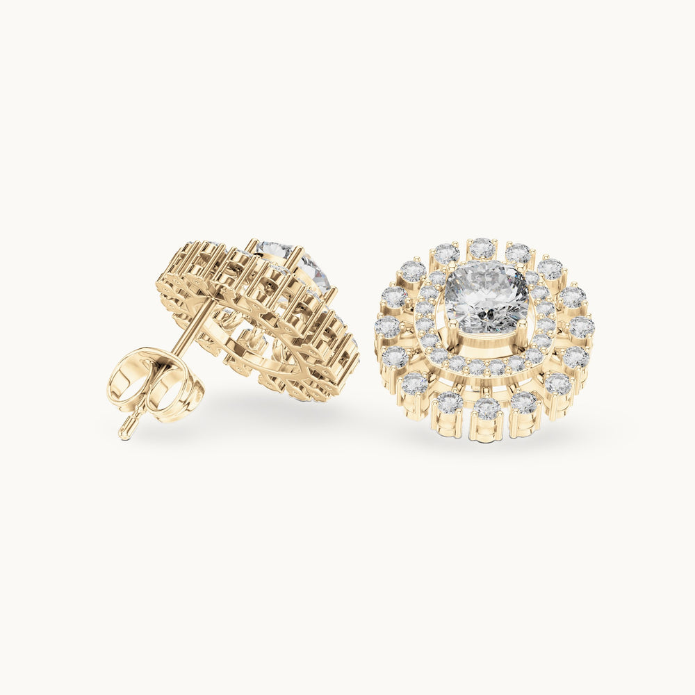 Cushion-cut and round lab-grown diamond double halo stud earrings in yellow gold, 2.02 CT TW, view 1