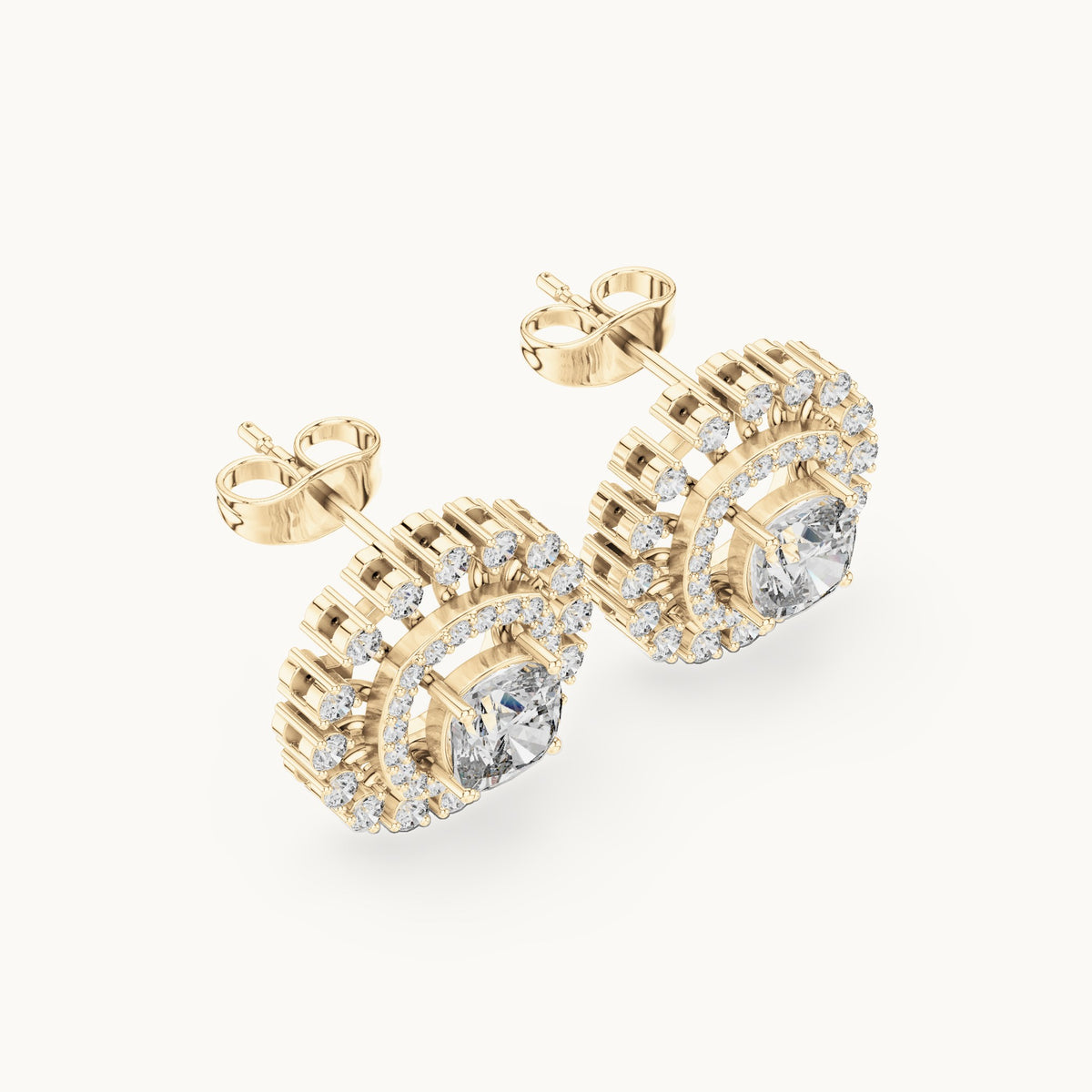 Cushion-cut and round lab-grown diamond double halo stud earrings in yellow gold, 2.02 CT TW, view 2
