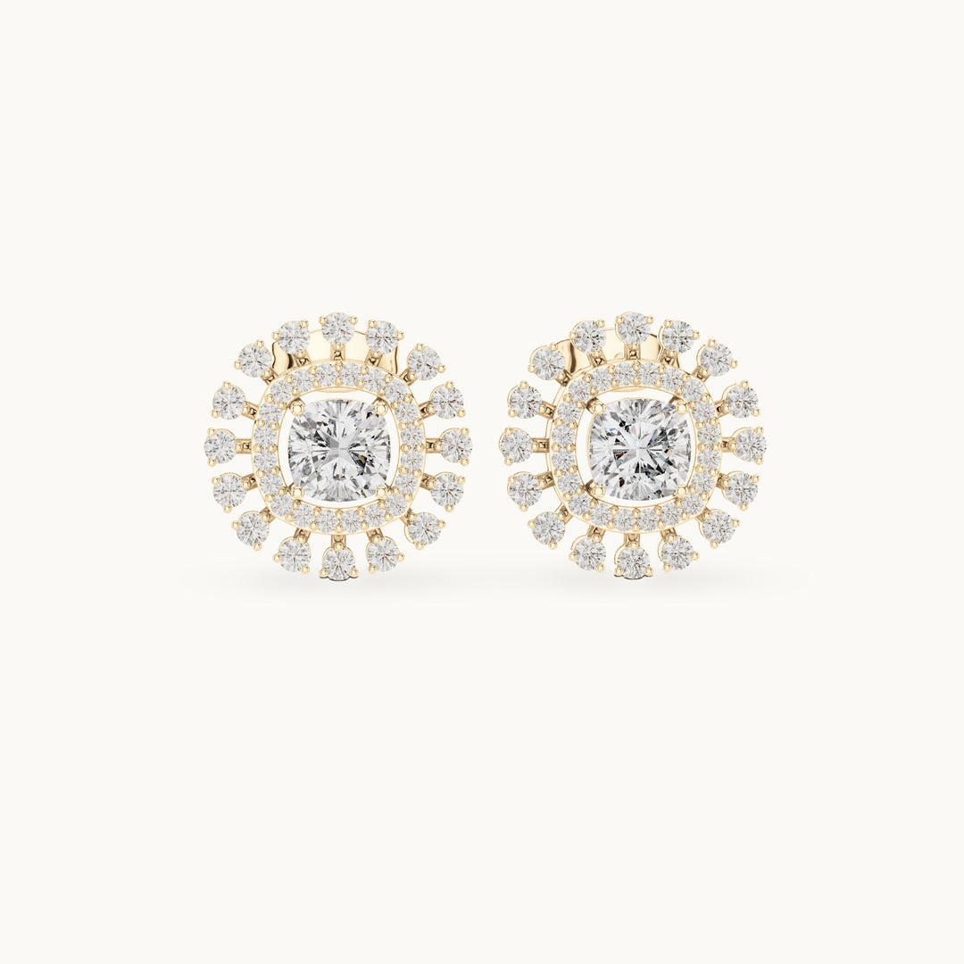 Cushion-cut and round lab-grown diamond double halo stud earrings in yellow gold, 2.02 CT TW, view 4