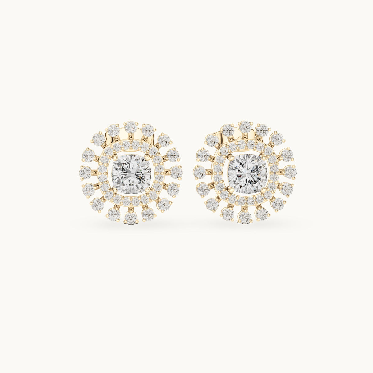 Cushion-cut and round lab-grown diamond double halo stud earrings in yellow gold, 2.02 CT TW, view 4