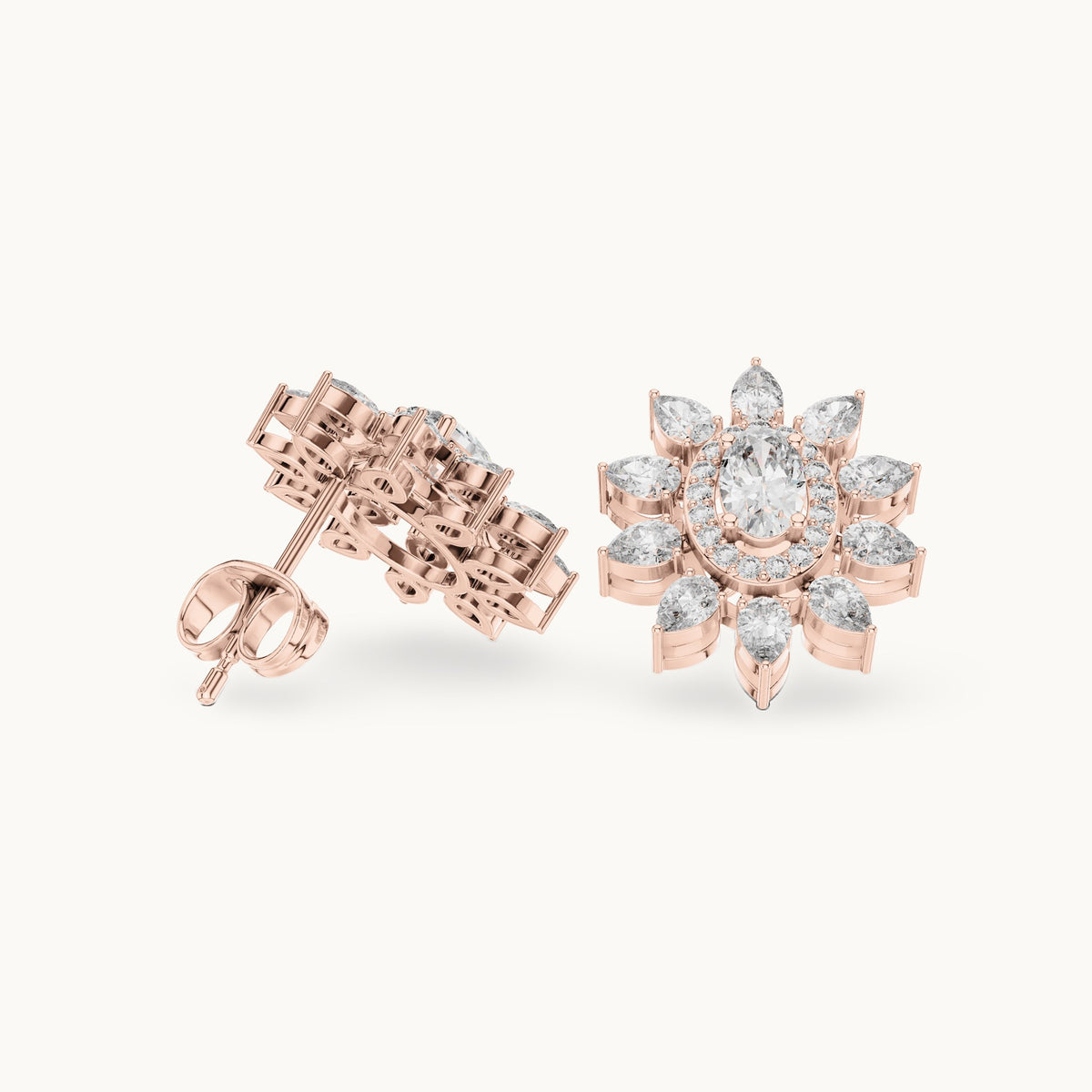 Pear, oval and round lab-grown diamond sunflower halo stud earrings in rose gold, 1.50 CT TW, view 1