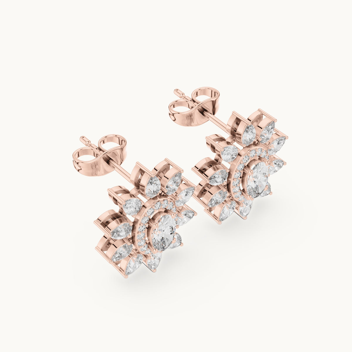 Pear, oval and round lab-grown diamond sunflower halo stud earrings in rose gold, 1.50 CT TW, view 2