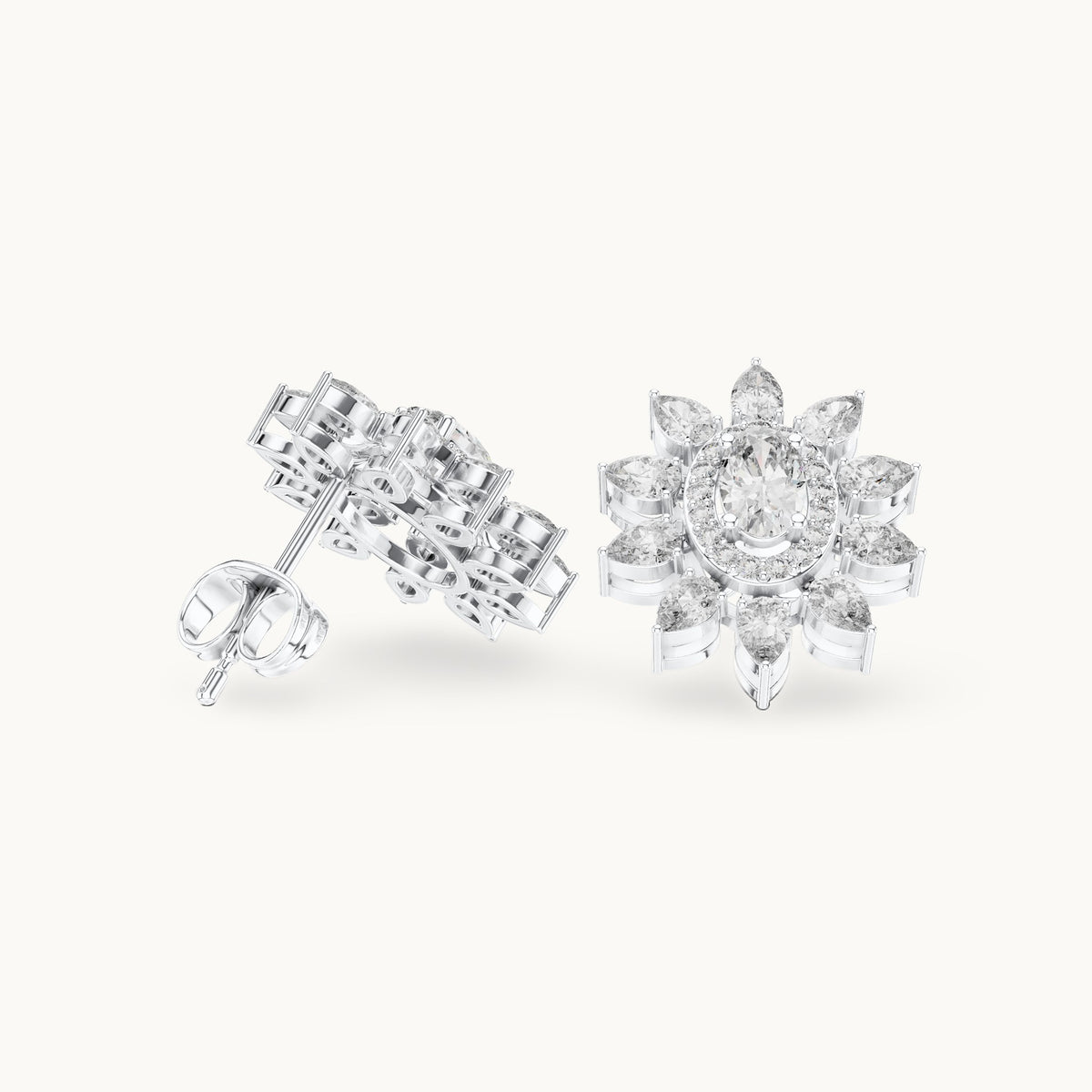 Pear, oval and round lab-grown diamond sunflower halo stud earrings in white gold, 1.50 CT TW, view 1