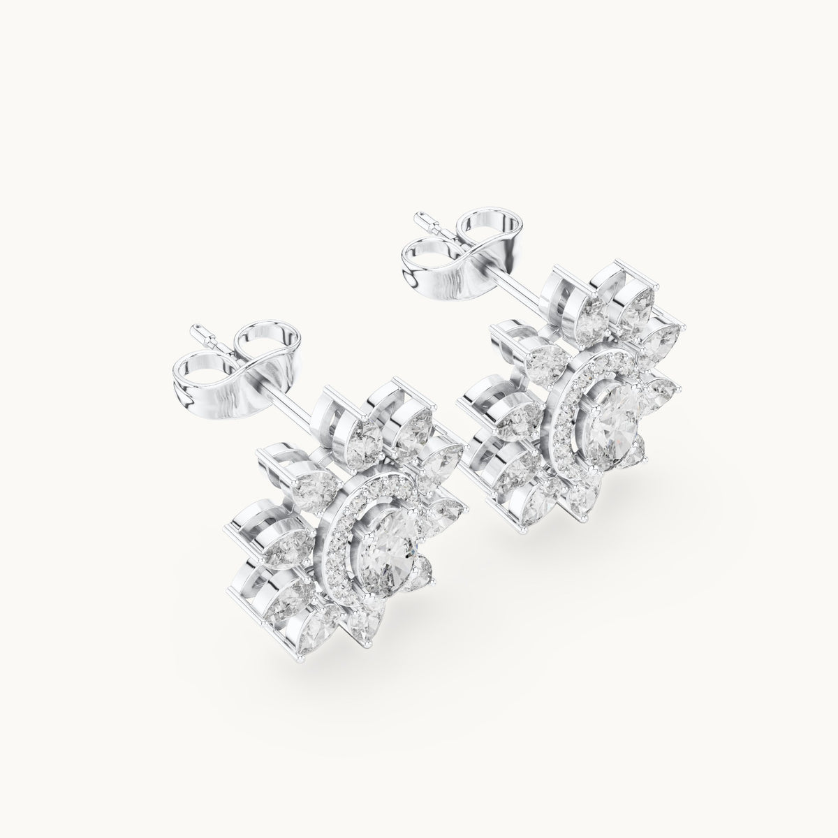 Pear, oval and round lab-grown diamond sunflower halo stud earrings in white gold, 1.50 CT TW, view 2