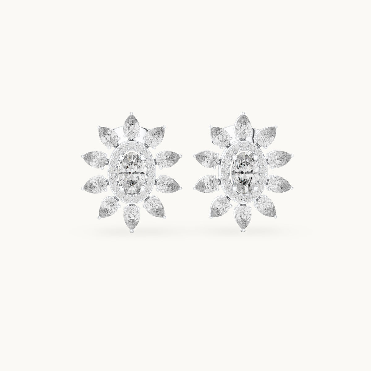 Pear, oval and round lab-grown diamond sunflower halo stud earrings in white gold, 1.50 CT TW, view 4