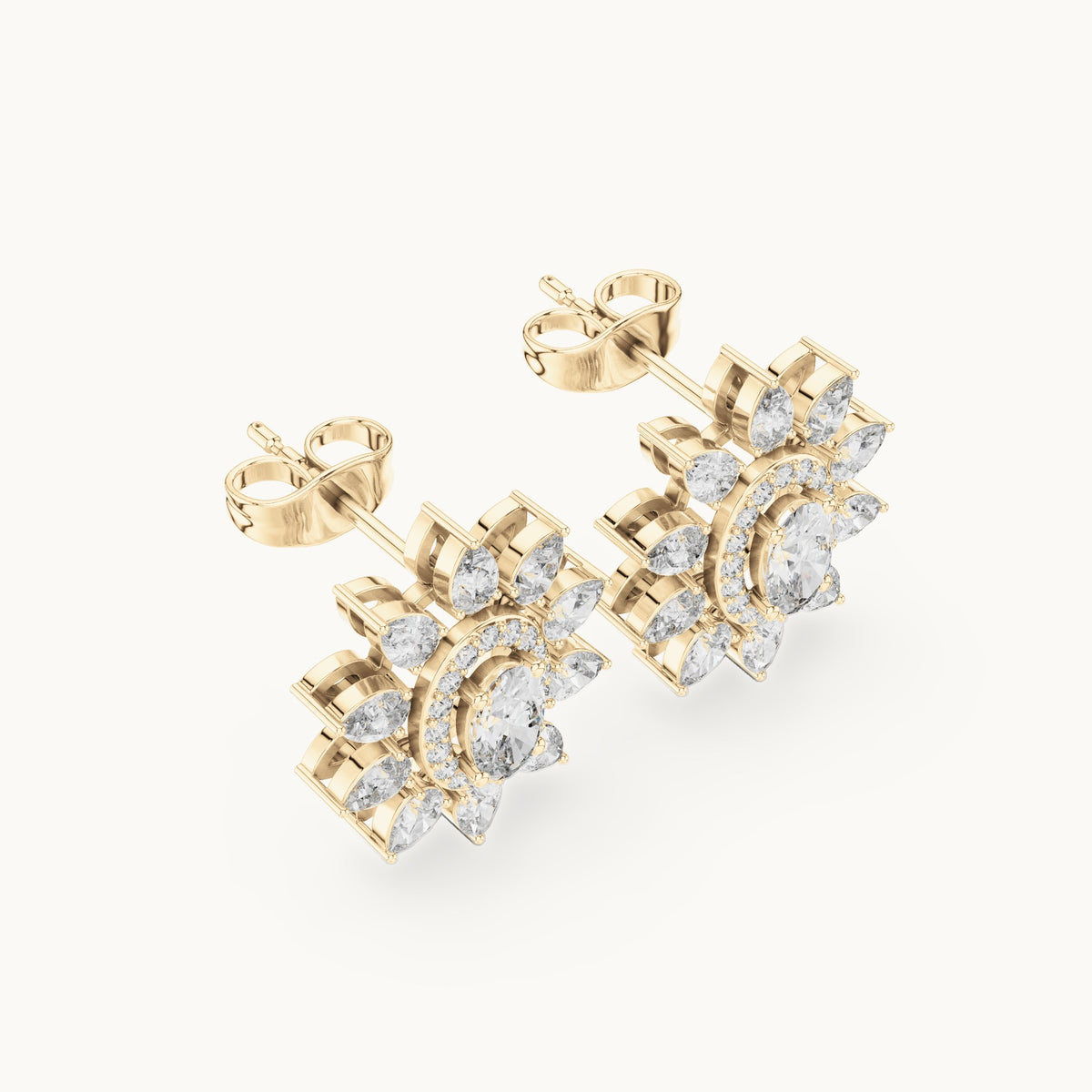 Pear, oval and round lab-grown diamond sunflower halo stud earrings in yellow gold, 1.50 CT TW, view 2