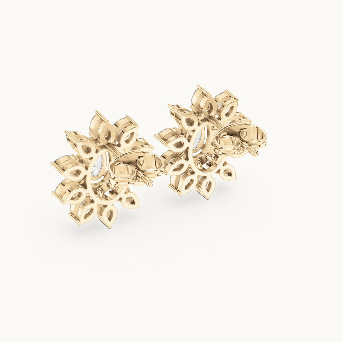 Pear, oval and round lab-grown diamond sunflower halo stud earrings in yellow gold, 1.50 CT TW, view 3