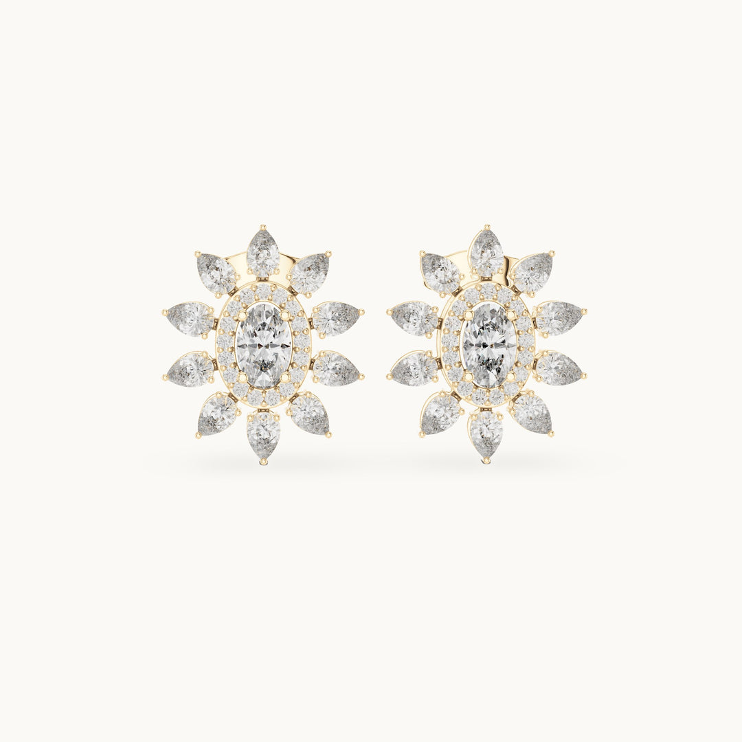 Pear, oval and round lab-grown diamond sunflower halo stud earrings in yellow gold, 1.50 CT TW, view 4