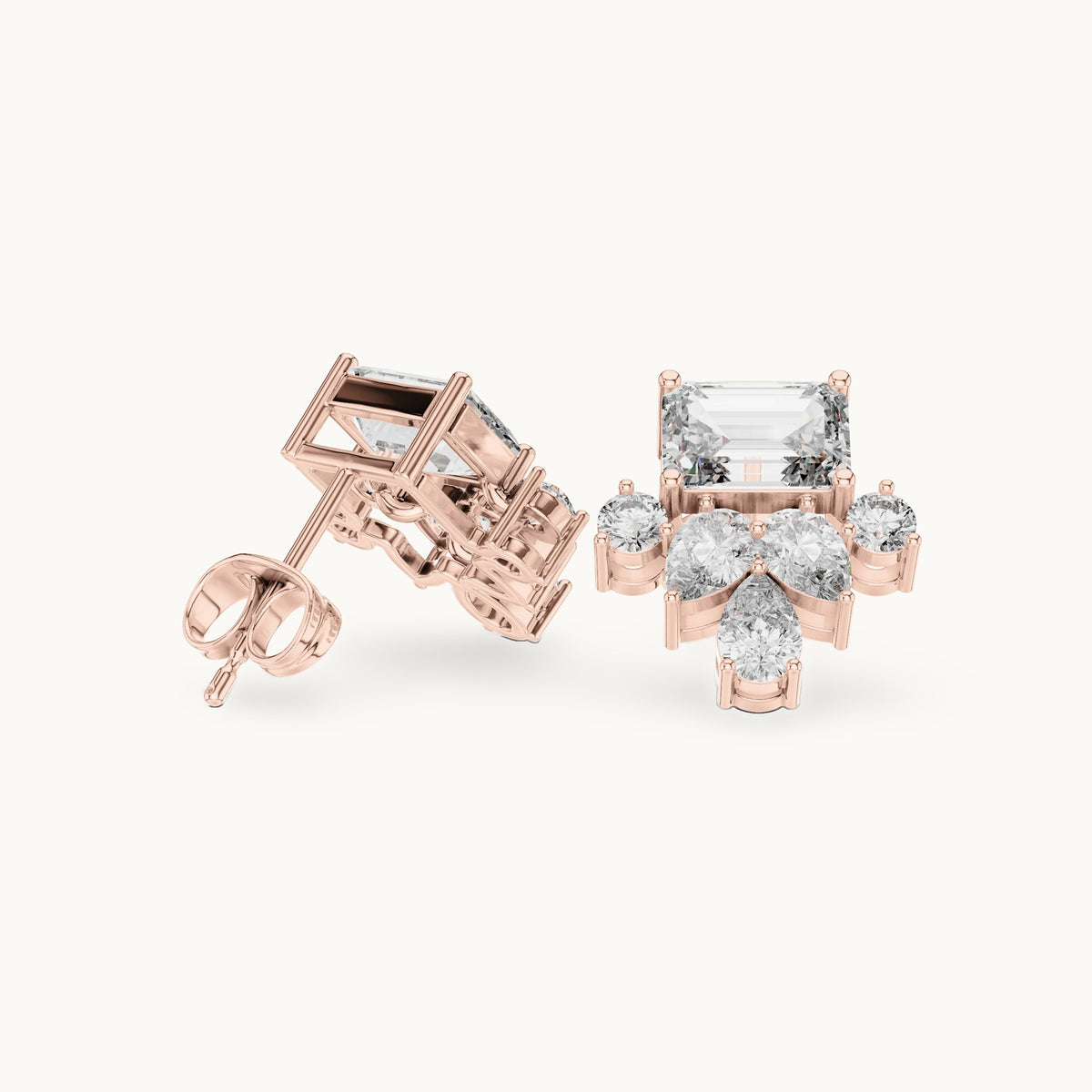 Emerald-cut, pear and round lab-grown diamond cluster stud earrings in rose gold, 3.19 CT TW, view 1