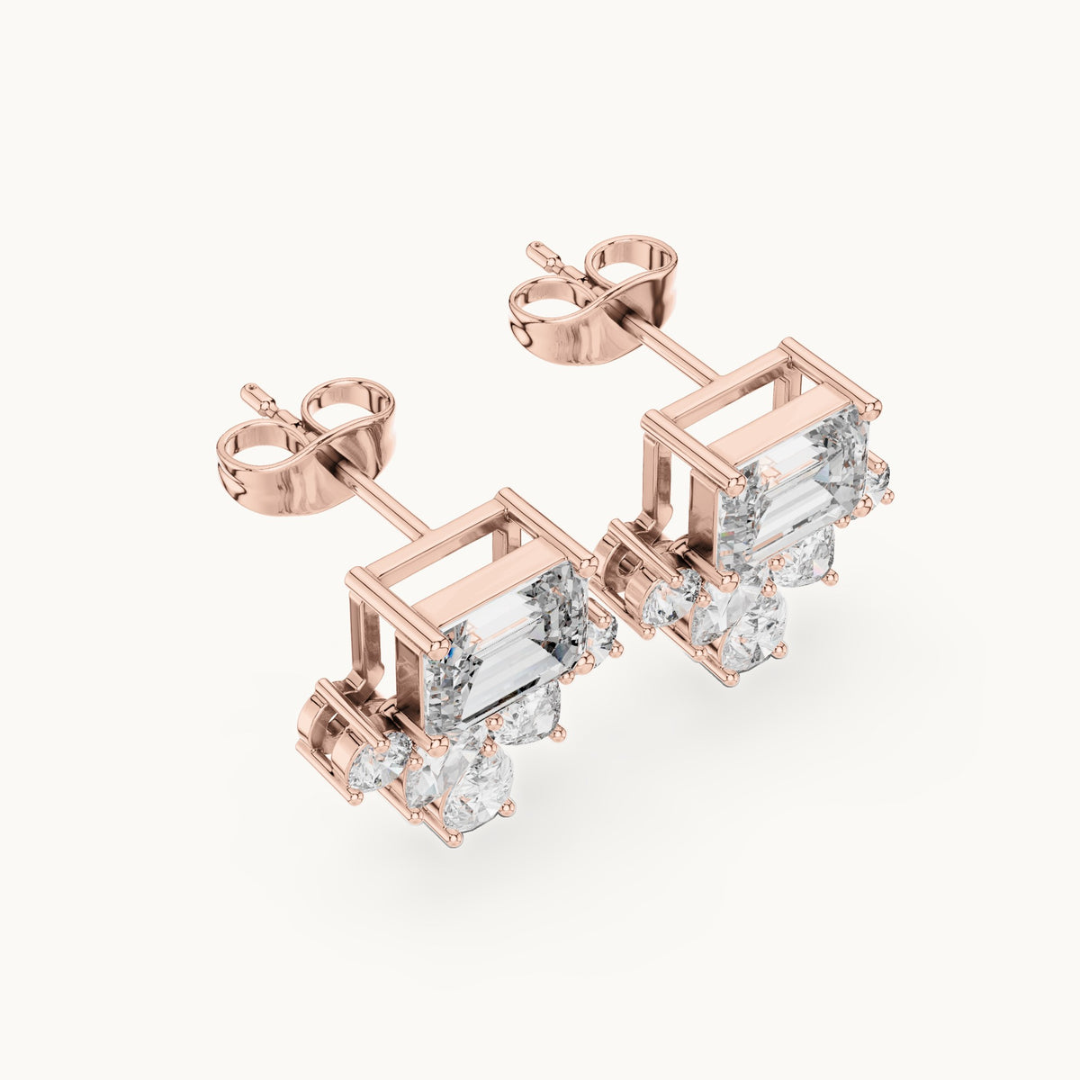 Emerald-cut, pear and round lab-grown diamond cluster stud earrings in rose gold, 3.19 CT TW, view 2
