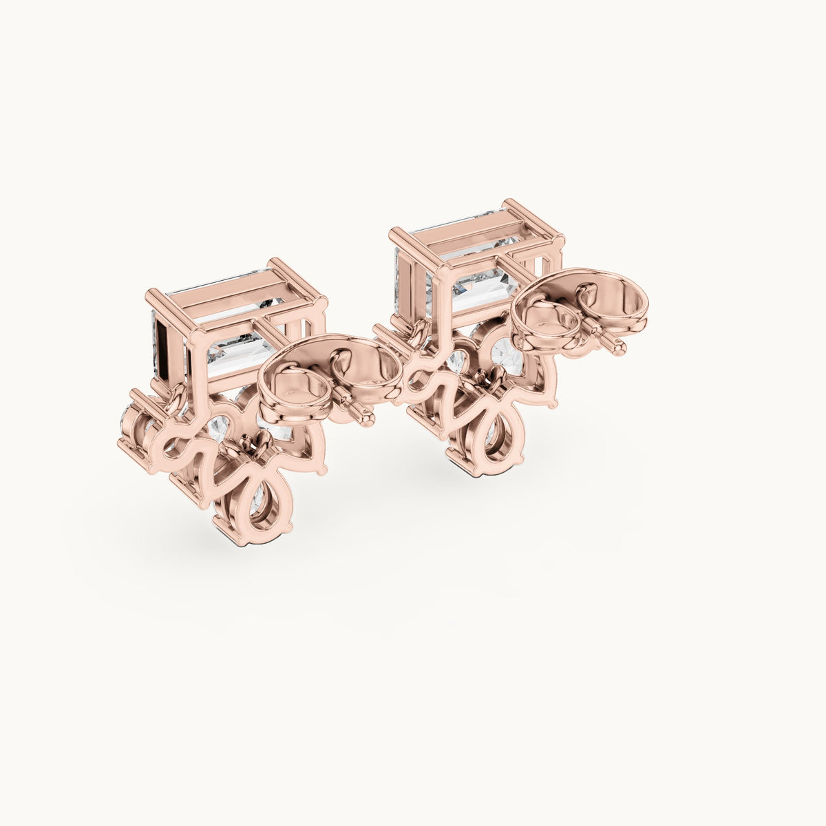 Emerald-cut, pear and round lab-grown diamond cluster stud earrings in rose gold, 3.19 CT TW, view 3