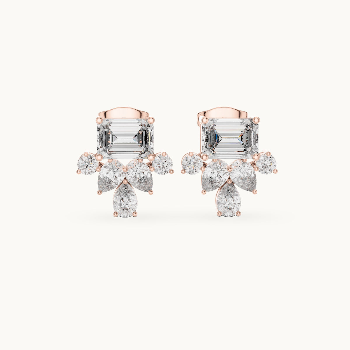 Emerald-cut, pear and round lab-grown diamond cluster stud earrings in rose gold, 3.19 CT TW, view 4
